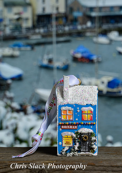 Handmade Blue Brixham Christmas cottage to hang on your tree or make your own little street! Cott 4