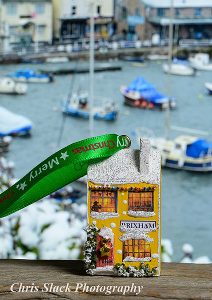 Handmade yellow Brixham Christmas cottage to hang on your tree or make your own little street! Cott 1
