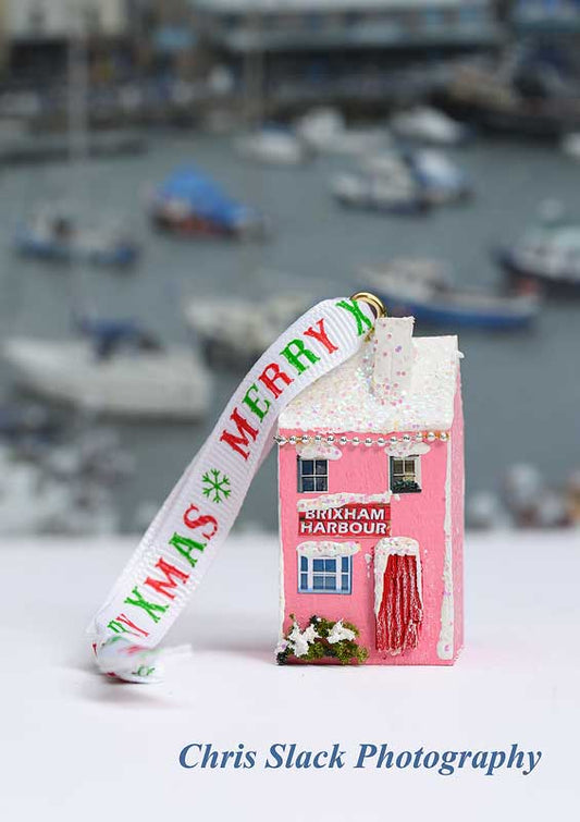 Handmade pastel Pink Brixham Christmas cottage to hang on your tree or make your own little street! Cott 6